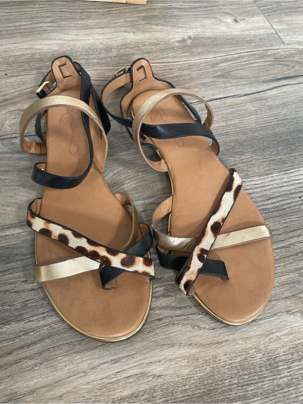 Report Signature Black, Gold & Leopard-Print Multi-Strap Sandals
